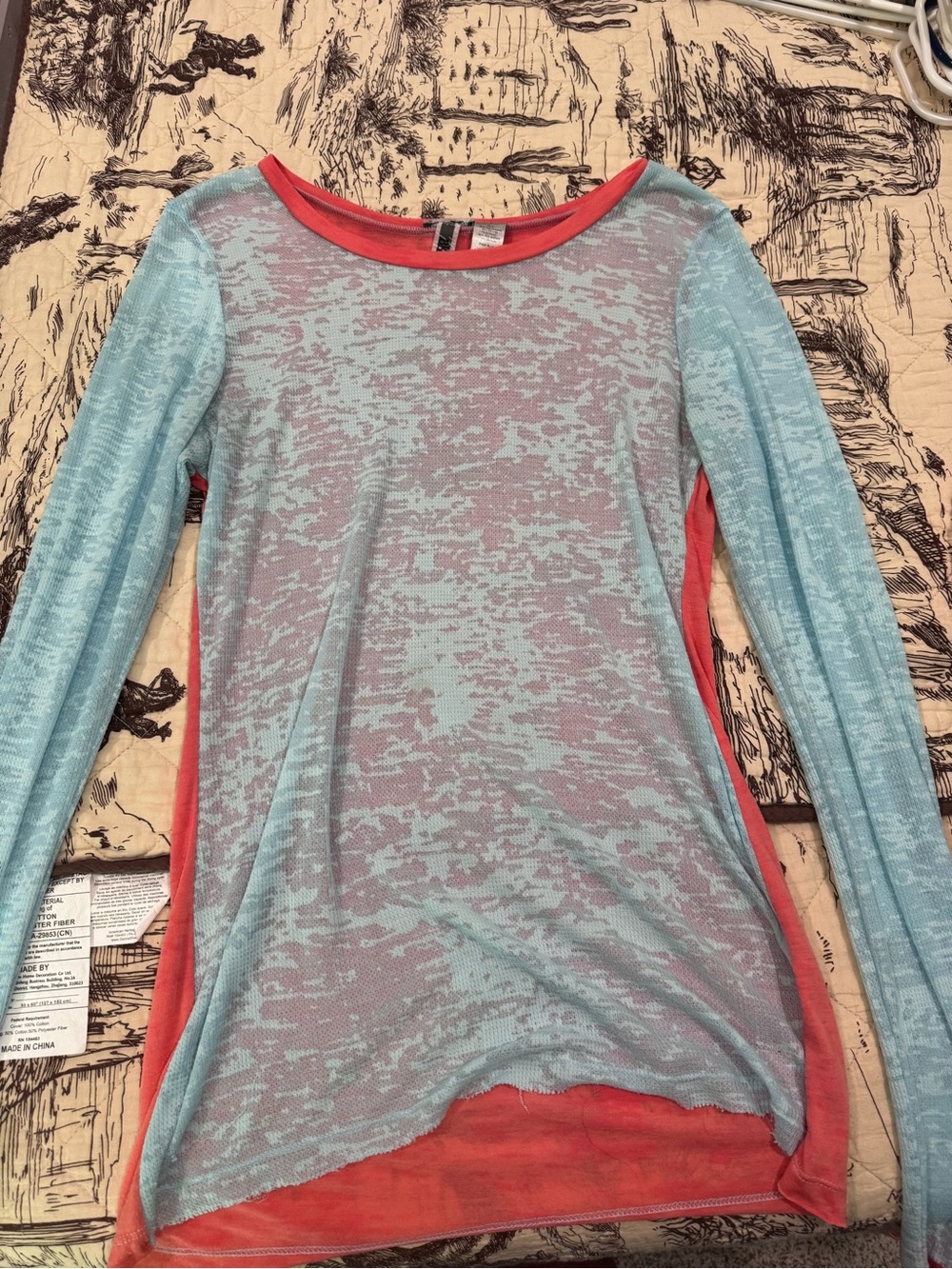 BKE Long Sleeve Layered Tee in Light Blue and Coral